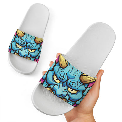 Blue Japanese Demon Print White Slide Sandals