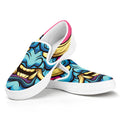 Blue Japanese Demon Print White Slip On Sneakers