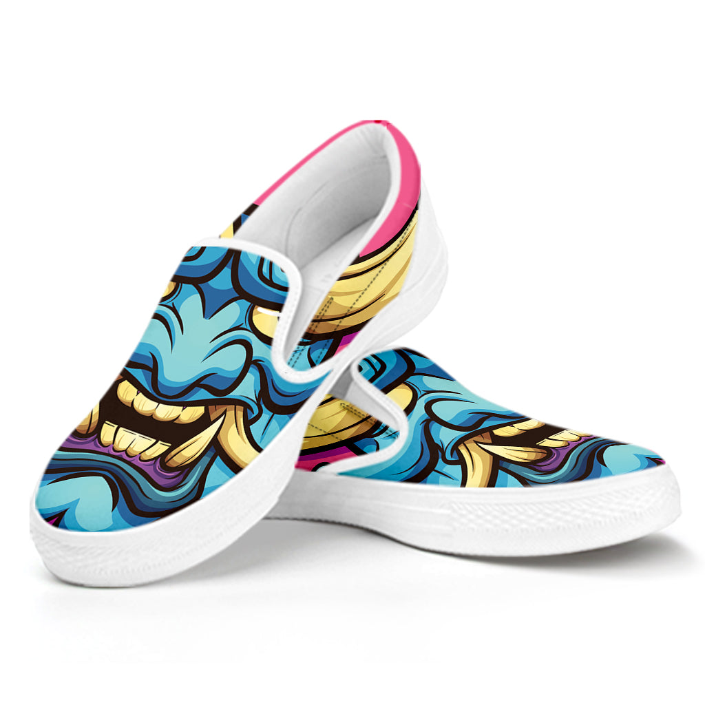 Blue Japanese Demon Print White Slip On Shoes
