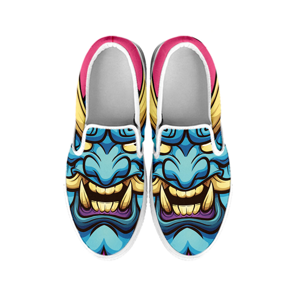 Blue Japanese Demon Print White Slip On Shoes