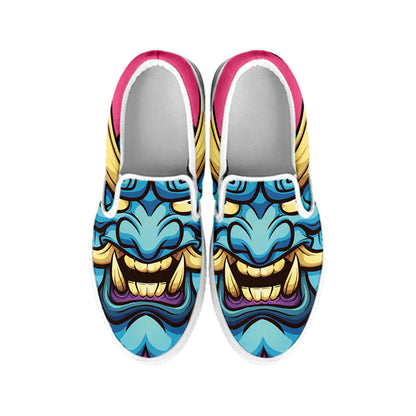 Blue Japanese Demon Print White Slip On Shoes