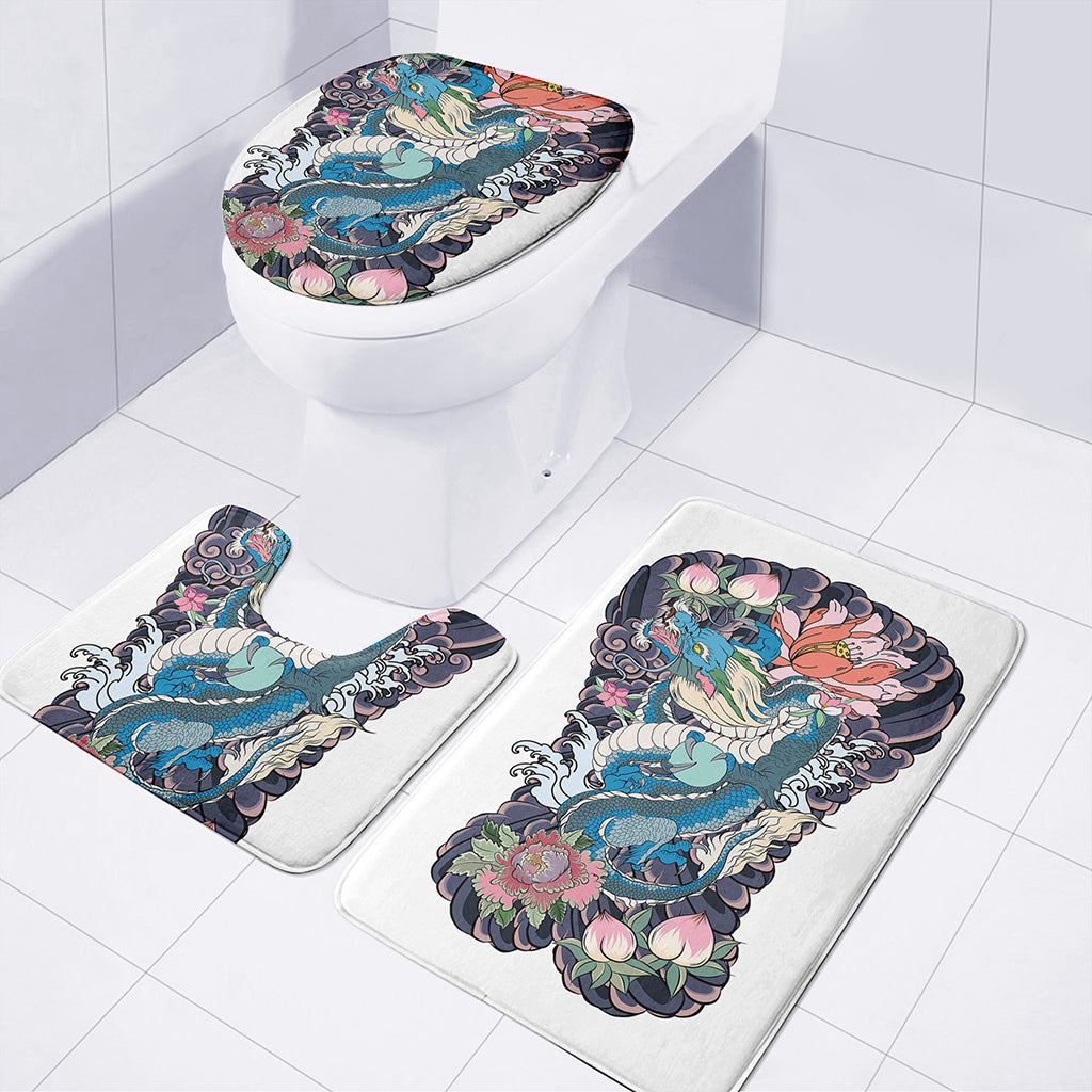 Blue Japanese Dragon Tattoo Print 3 Piece Bath Mat Set