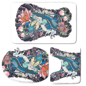 Blue Japanese Dragon Tattoo Print 3 Piece Bath Mat Set