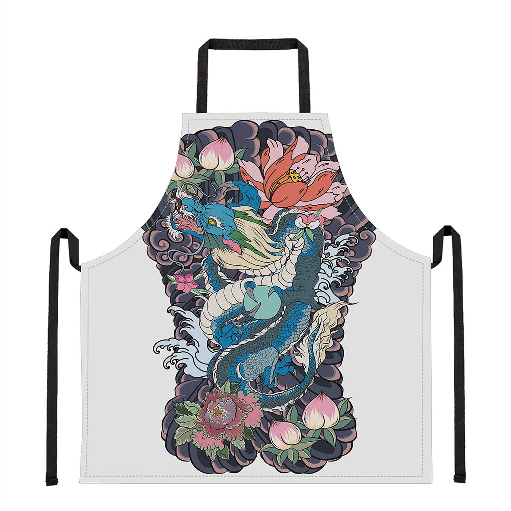 Blue Japanese Dragon Tattoo Print Apron