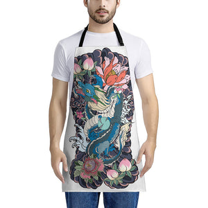 Blue Japanese Dragon Tattoo Print Apron