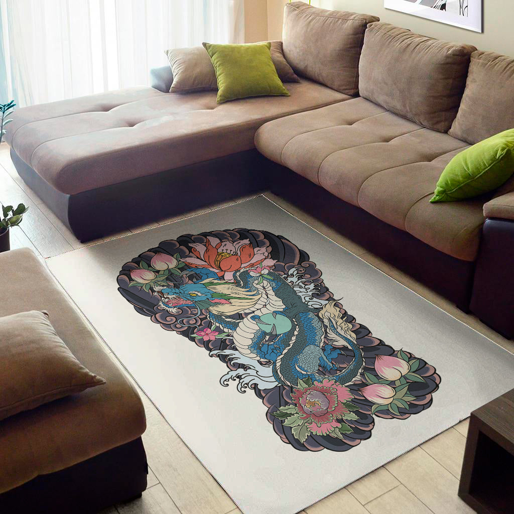 Blue Japanese Dragon Tattoo Print Area Rug