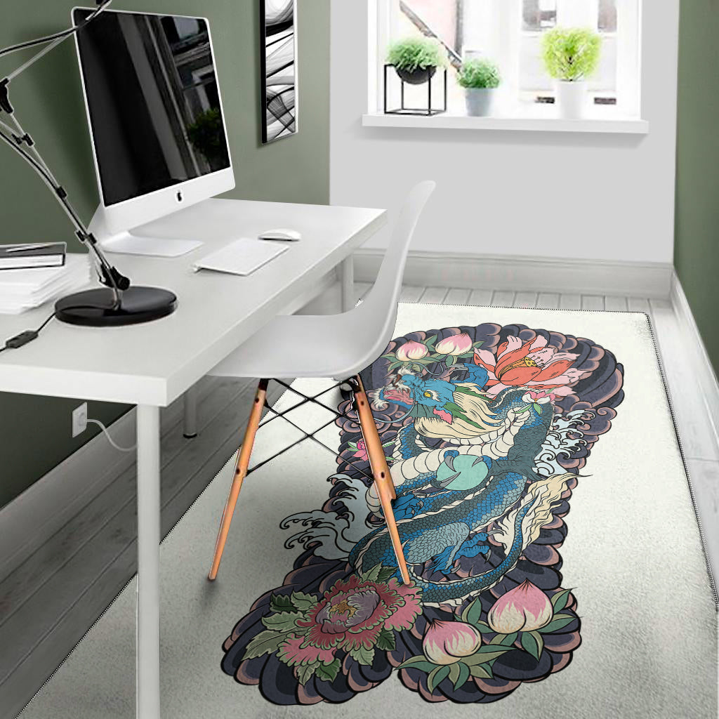 Blue Japanese Dragon Tattoo Print Area Rug