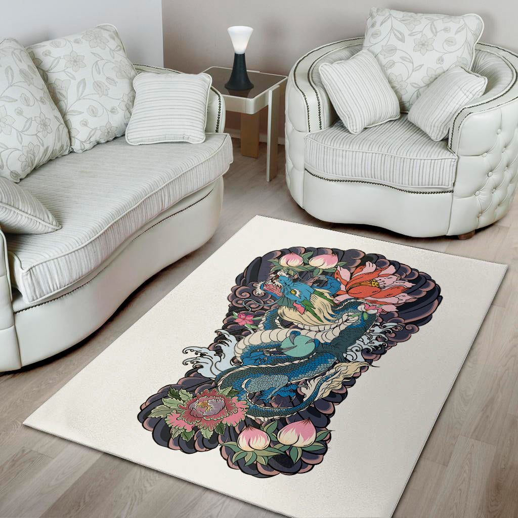 Blue Japanese Dragon Tattoo Print Area Rug