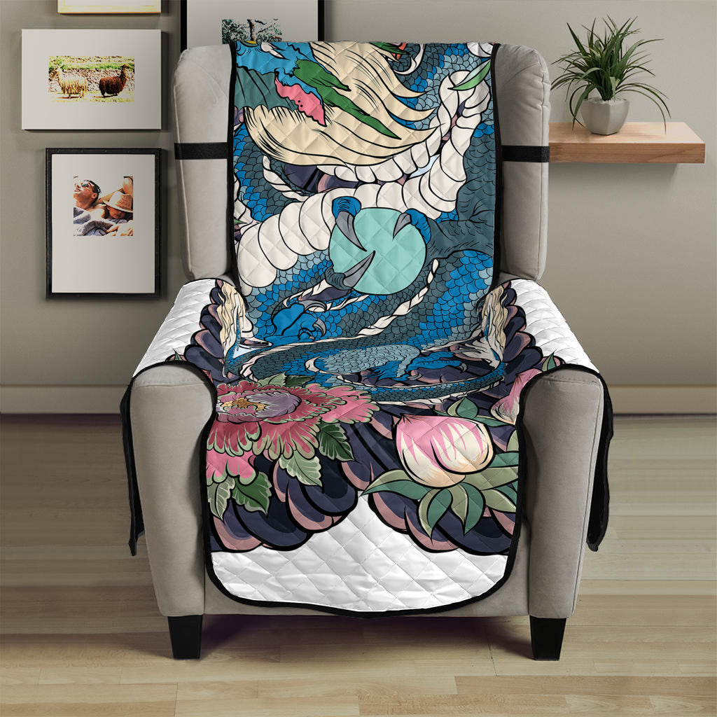 Blue Japanese Dragon Tattoo Print Armchair Protector