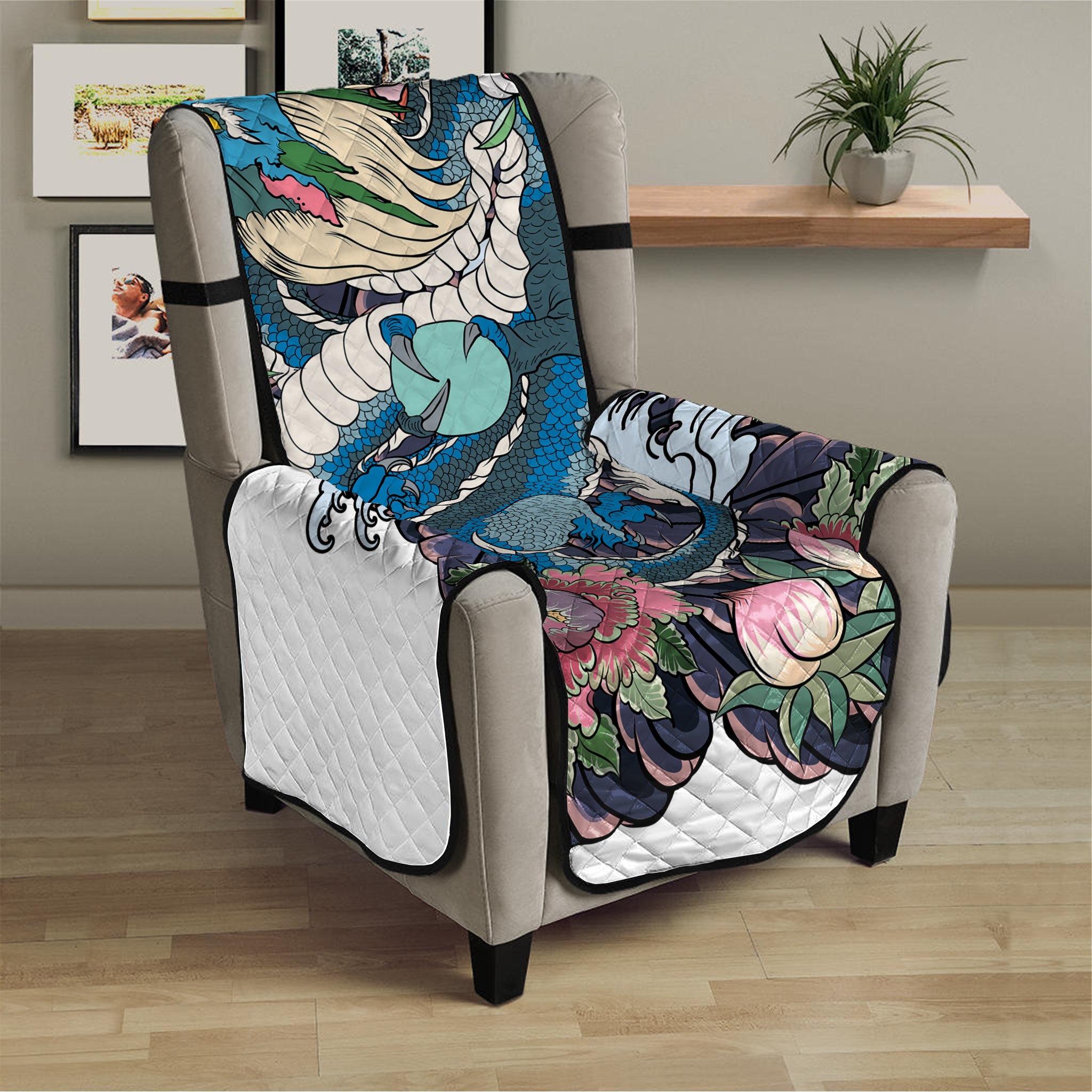 Blue Japanese Dragon Tattoo Print Armchair Protector