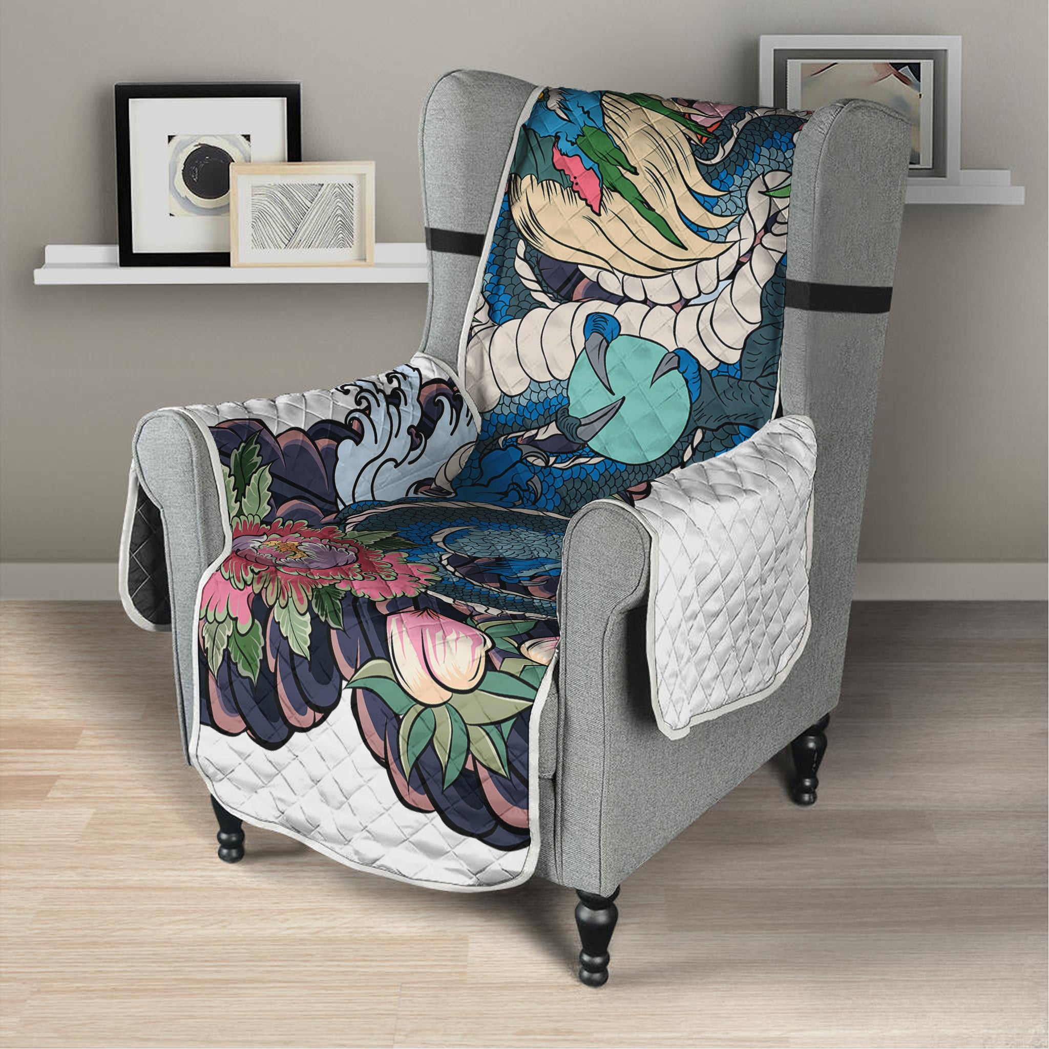 Blue Japanese Dragon Tattoo Print Armchair Protector