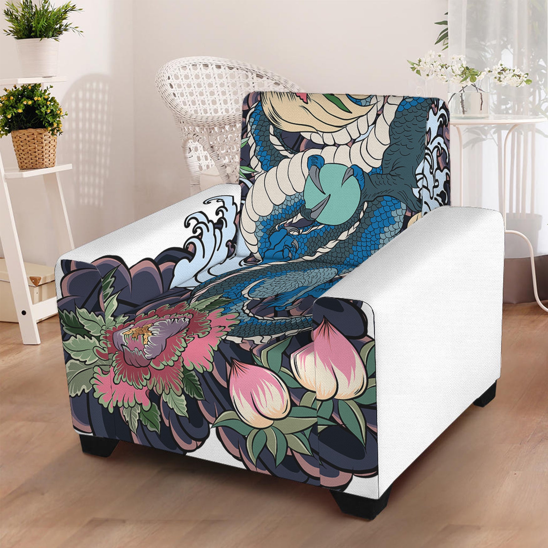 Blue Japanese Dragon Tattoo Print Armchair Slipcover