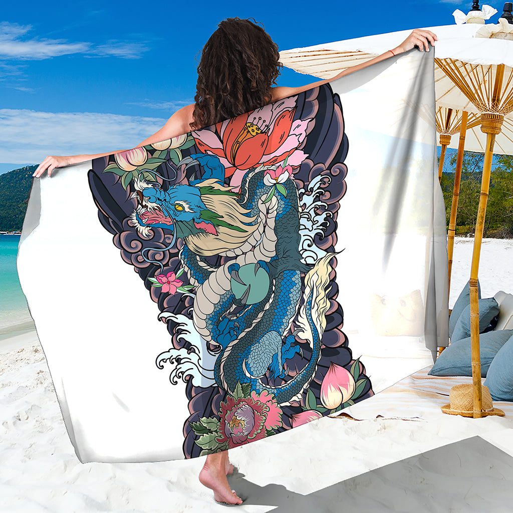 Blue Japanese Dragon Tattoo Print Beach Sarong Wrap