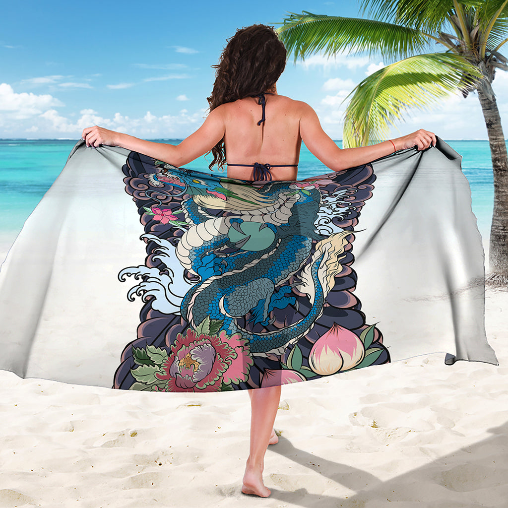 Blue Japanese Dragon Tattoo Print Beach Sarong Wrap