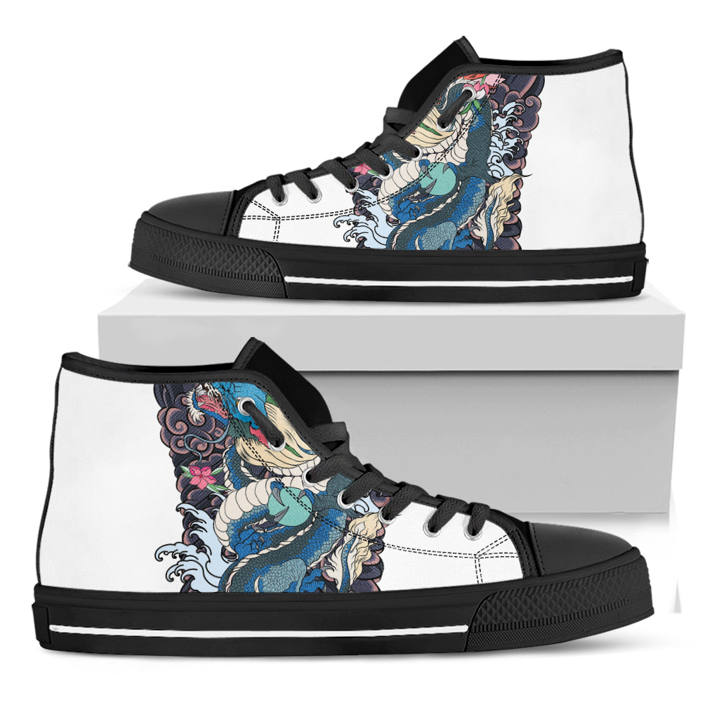 Blue Japanese Dragon Tattoo Print Black High Top Shoes