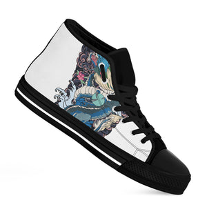 Blue Japanese Dragon Tattoo Print Black High Top Shoes