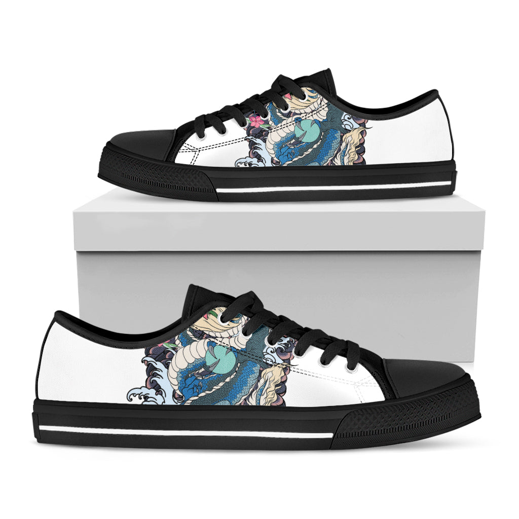 Blue Japanese Dragon Tattoo Print Black Low Top Shoes 