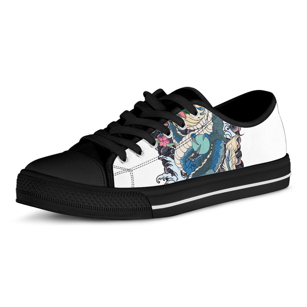 Blue Japanese Dragon Tattoo Print Black Low Top Shoes 