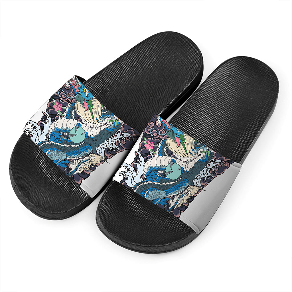 Blue Japanese Dragon Tattoo Print Black Slide Sandals