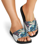 Blue Japanese Dragon Tattoo Print Black Slide Sandals