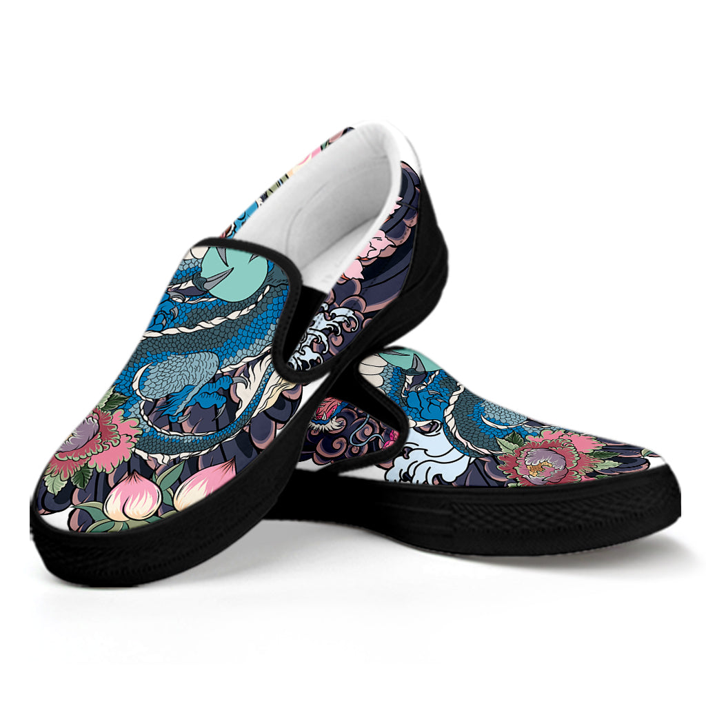 Blue Japanese Dragon Tattoo Print Black Slip On Shoes