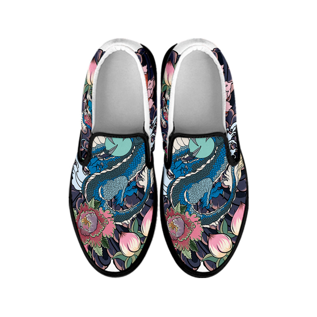 Blue Japanese Dragon Tattoo Print Black Slip On Shoes