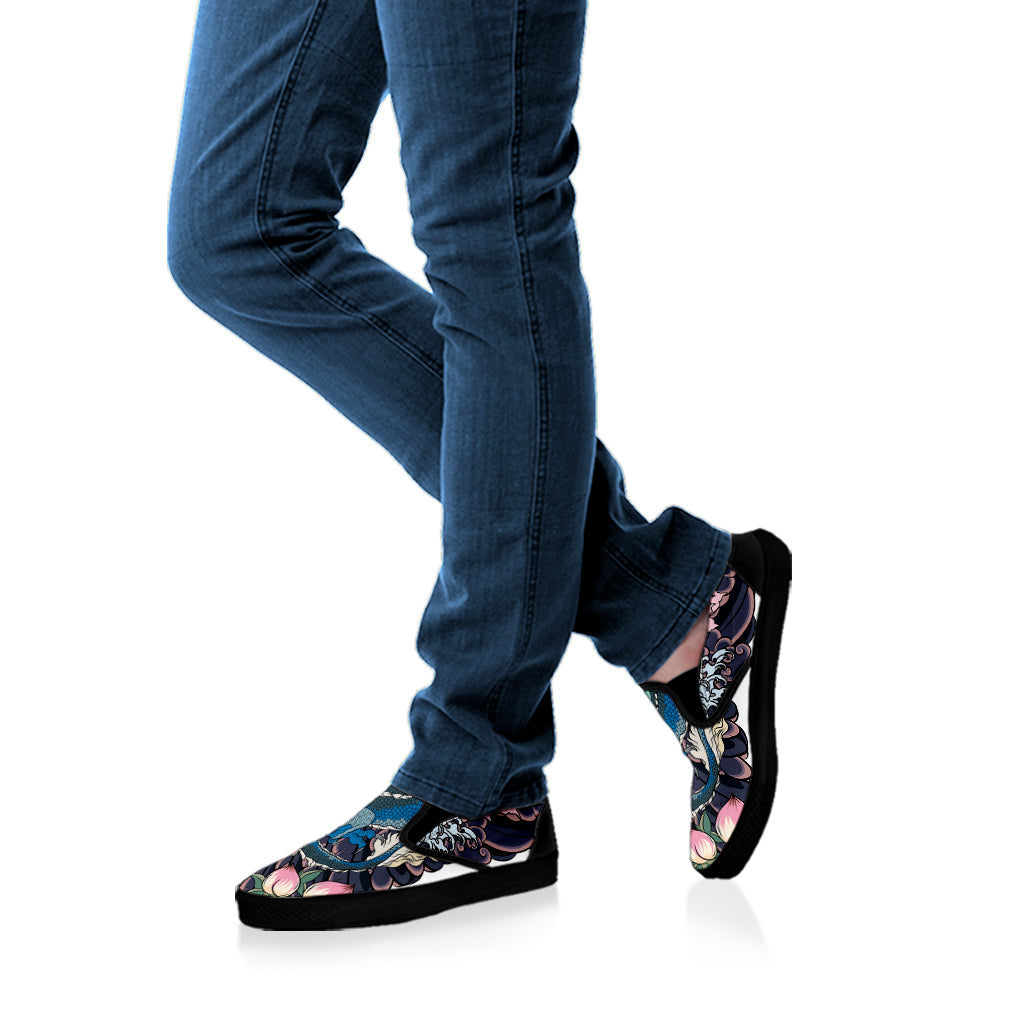 Blue Japanese Dragon Tattoo Print Black Slip On Shoes