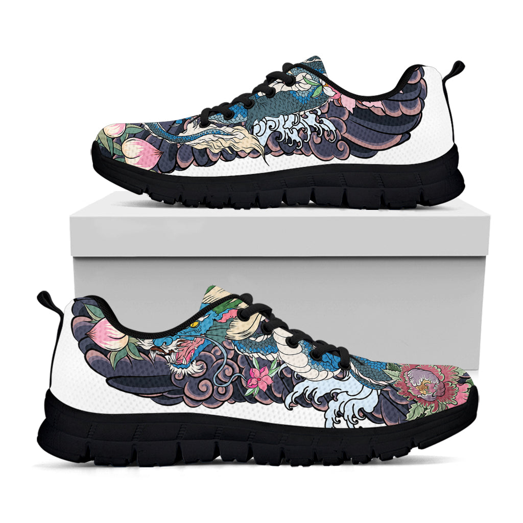 Blue Japanese Dragon Tattoo Print Black Sneakers