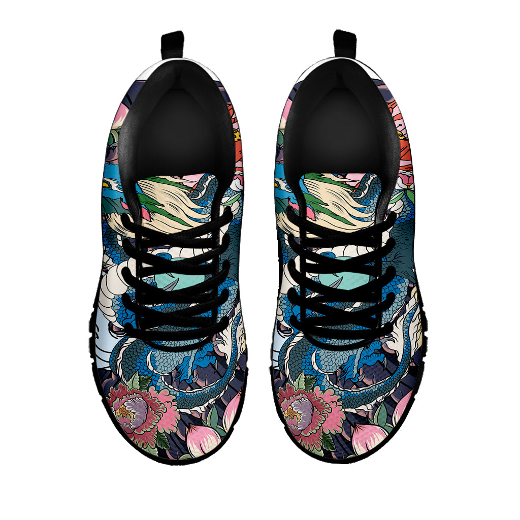 Blue Japanese Dragon Tattoo Print Black Sneakers