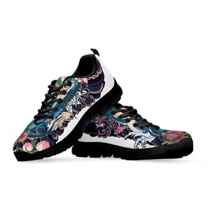 Blue Japanese Dragon Tattoo Print Black Sneakers