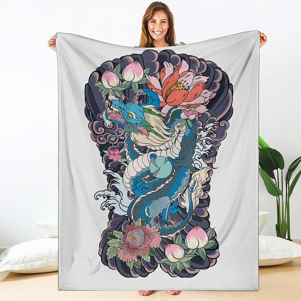 Blue Japanese Dragon Tattoo Print Blanket