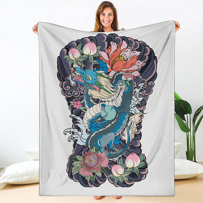 Blue Japanese Dragon Tattoo Print Blanket