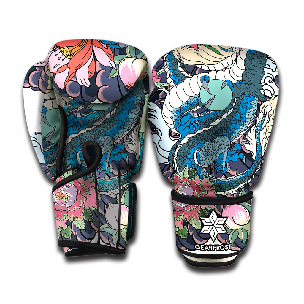Blue Japanese Dragon Tattoo Print Boxing Gloves
