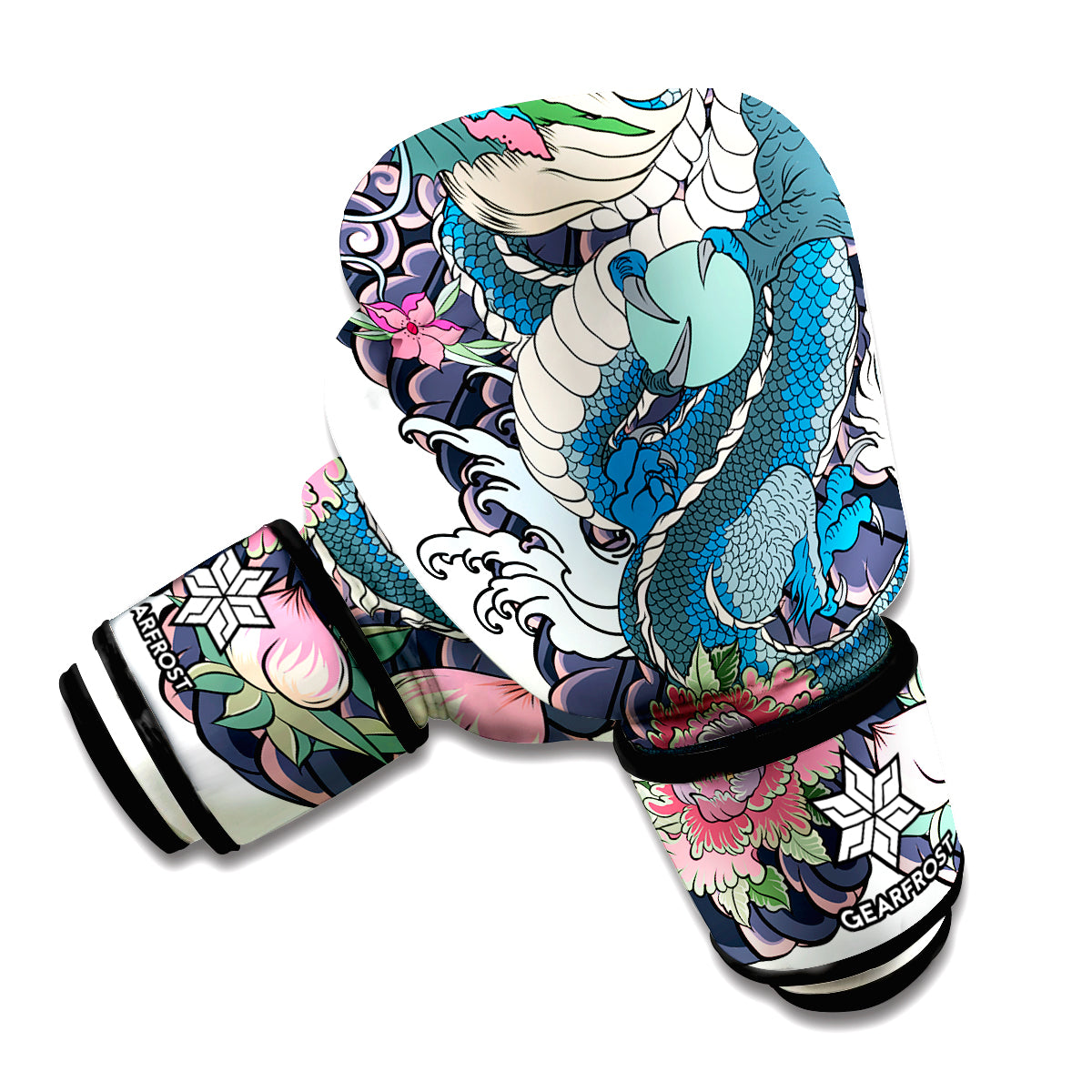 Blue Japanese Dragon Tattoo Print Boxing Gloves