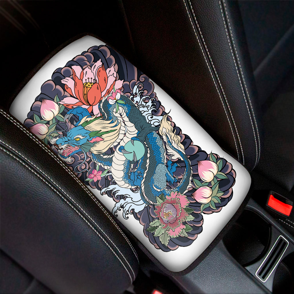 Blue Japanese Dragon Tattoo Print Car Center Console Cover