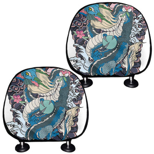 Blue Japanese Dragon Tattoo Print Car Headrest Covers