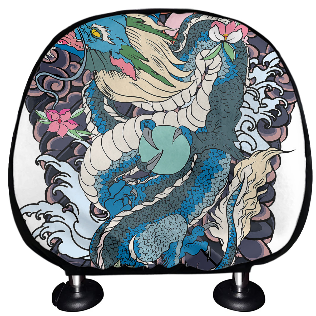 Blue Japanese Dragon Tattoo Print Car Headrest Covers