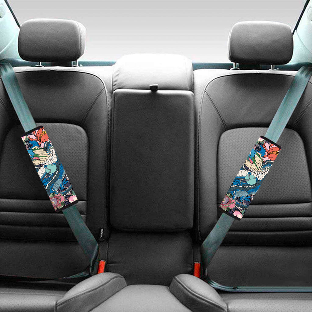 Blue Japanese Dragon Tattoo Print Car Seat Belt Covers