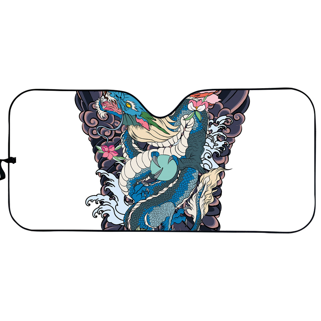 Blue Japanese Dragon Tattoo Print Car Sun Shade