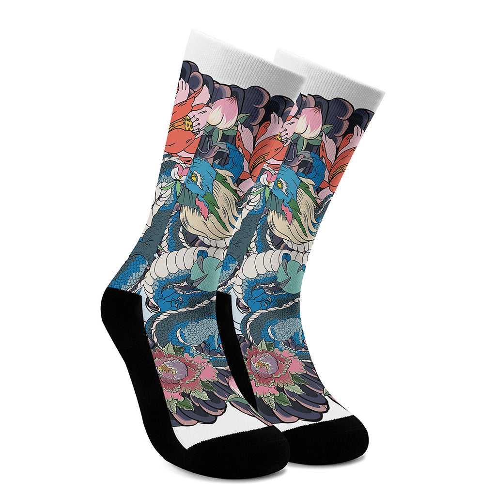 Blue Japanese Dragon Tattoo Print Crew Socks