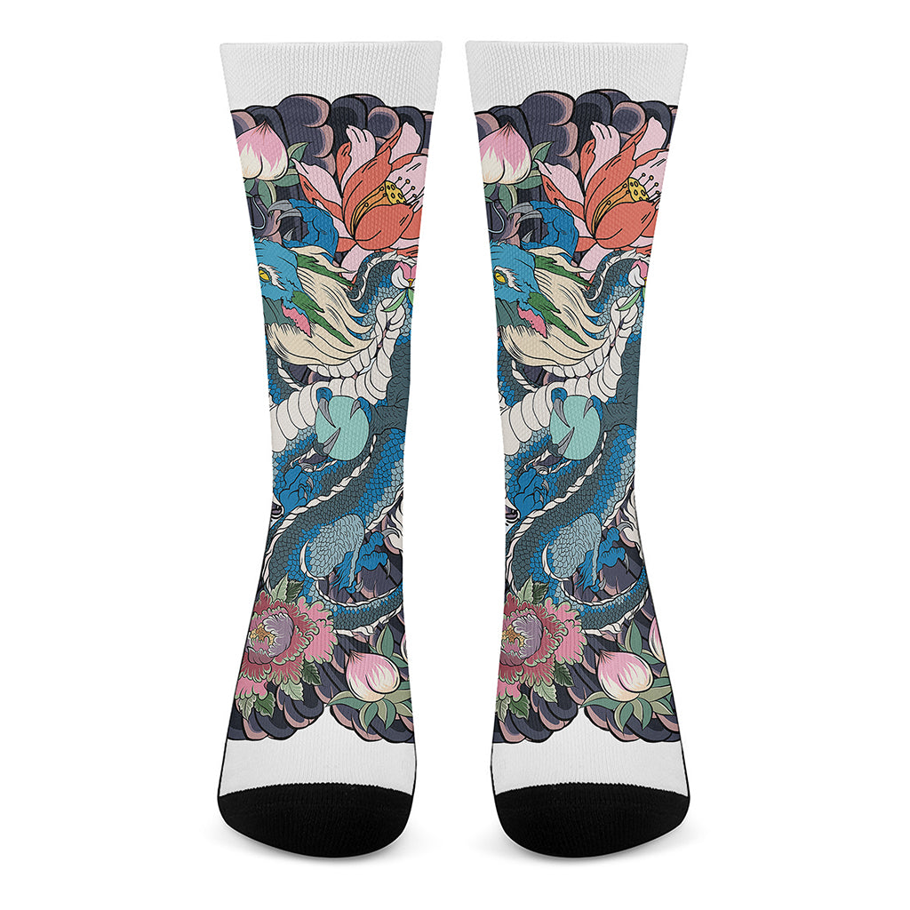 Blue Japanese Dragon Tattoo Print Crew Socks