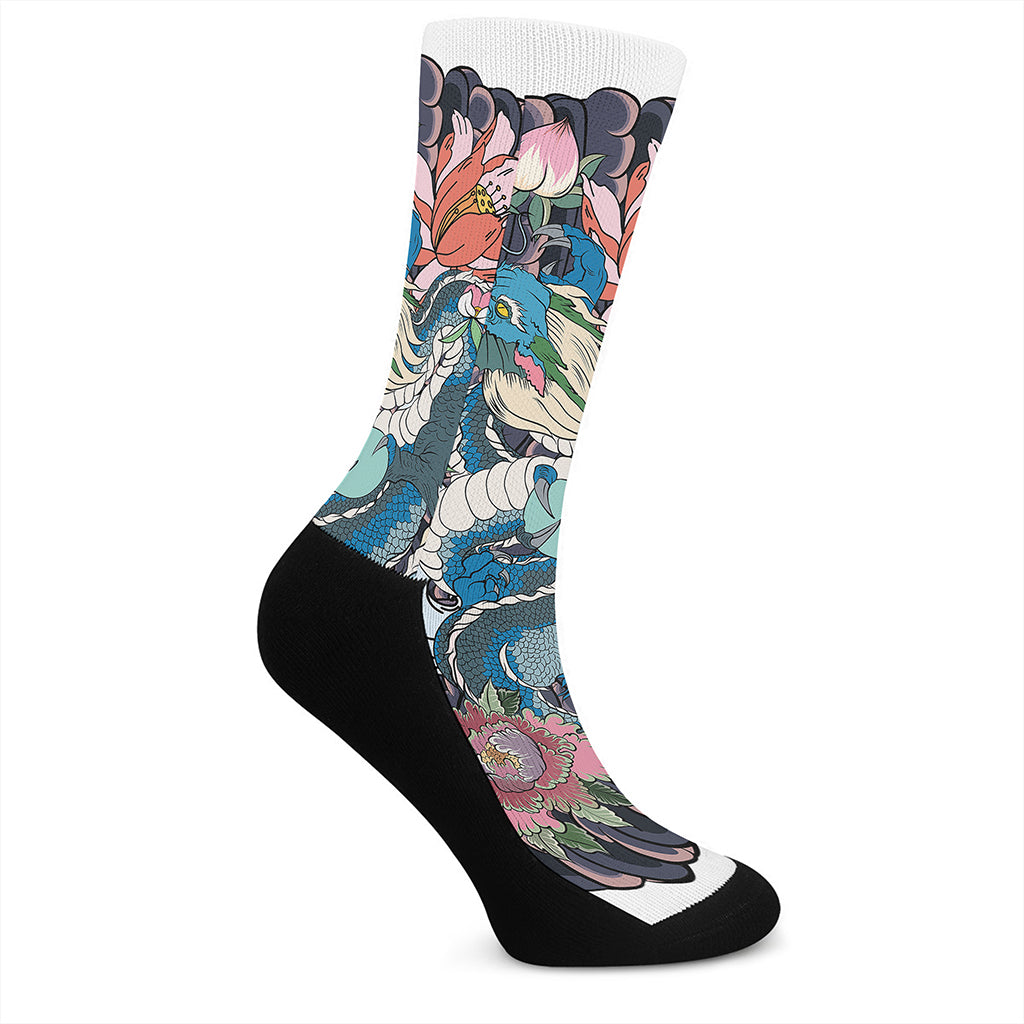 Blue Japanese Dragon Tattoo Print Crew Socks