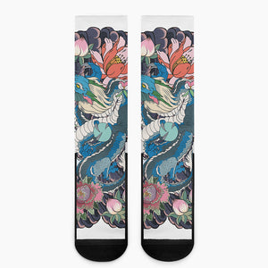 Blue Japanese Dragon Tattoo Print Crew Socks