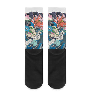 Blue Japanese Dragon Tattoo Print Crew Socks