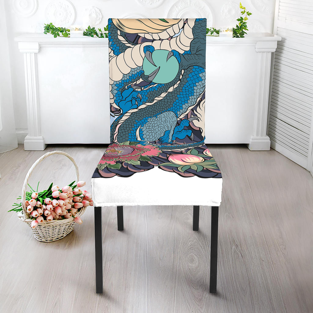 Blue Japanese Dragon Tattoo Print Dining Chair Slipcover