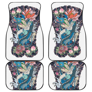 Blue Japanese Dragon Tattoo Print Front and Back Car Floor Mats