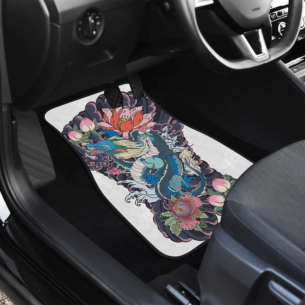 Blue Japanese Dragon Tattoo Print Front and Back Car Floor Mats