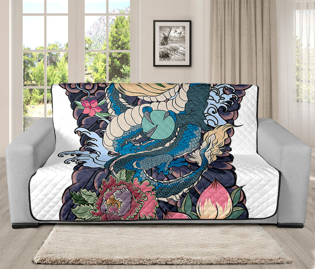 Blue Japanese Dragon Tattoo Print Futon Protector