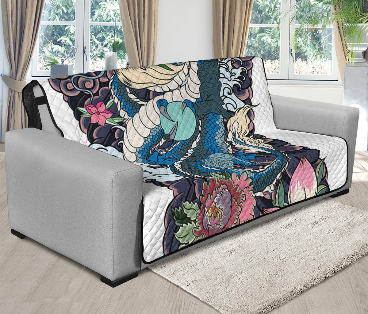 Blue Japanese Dragon Tattoo Print Futon Protector