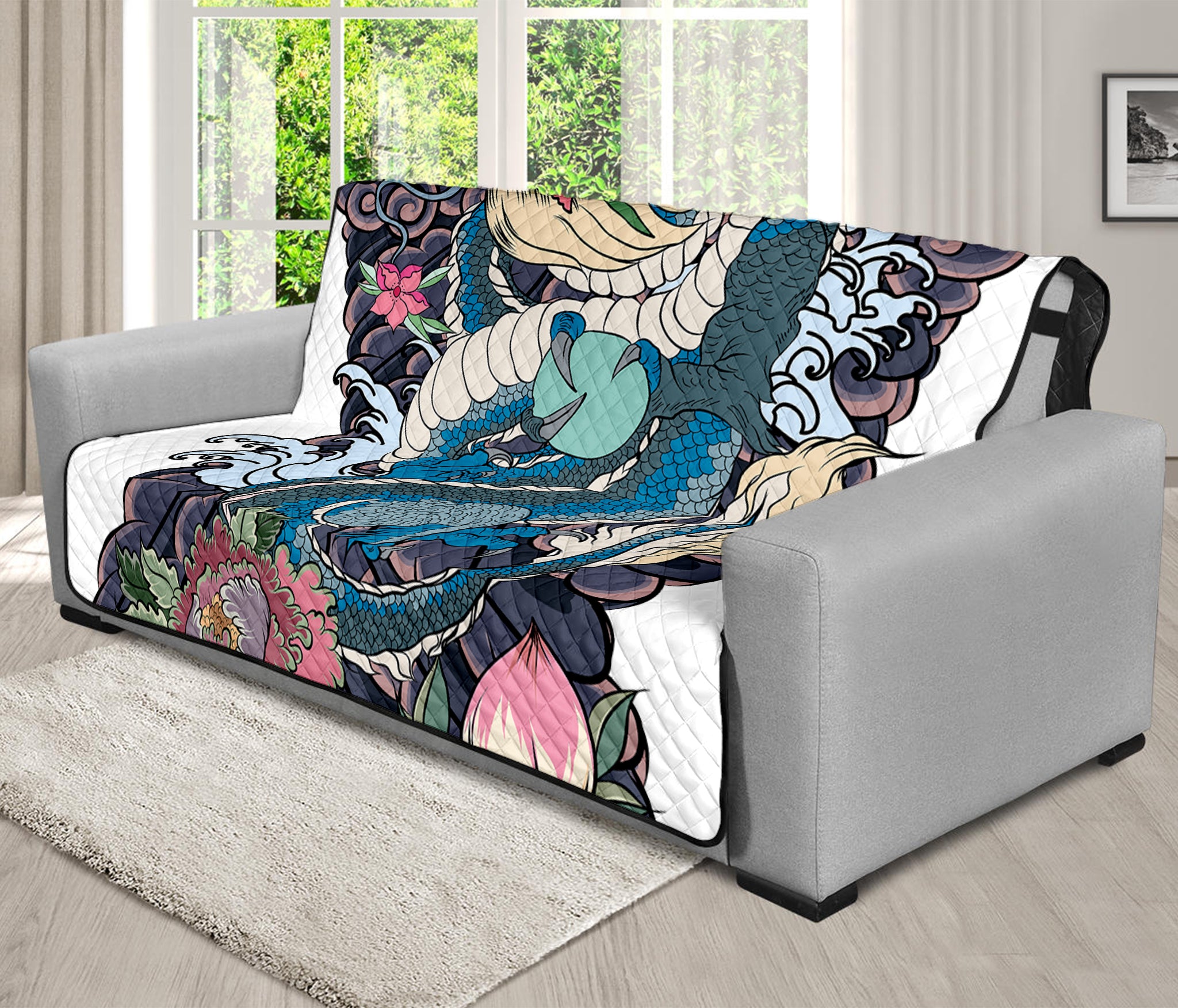 Blue Japanese Dragon Tattoo Print Futon Protector